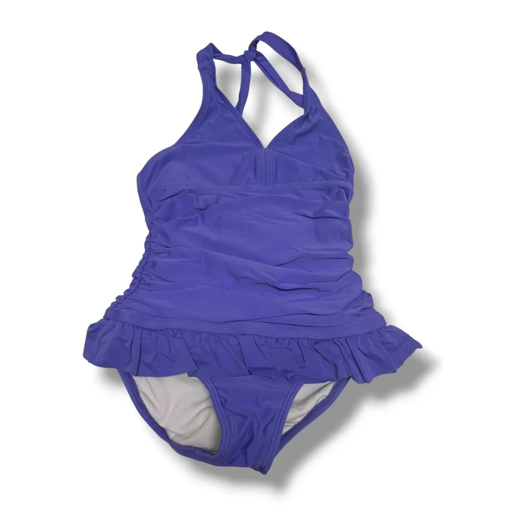 Xhilaration Purple Ruffle One Piece Swimsuit Girl M 7/8 Ruched Halter Swim Dress